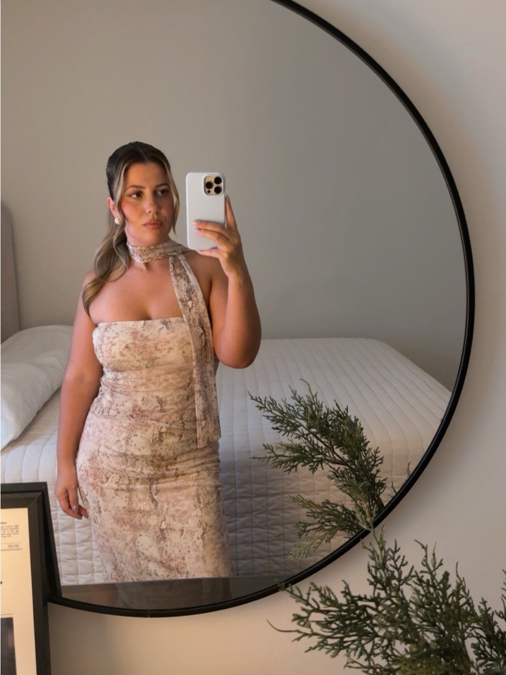 Strapless Neutral Print Midi Dress with Scarf Tie